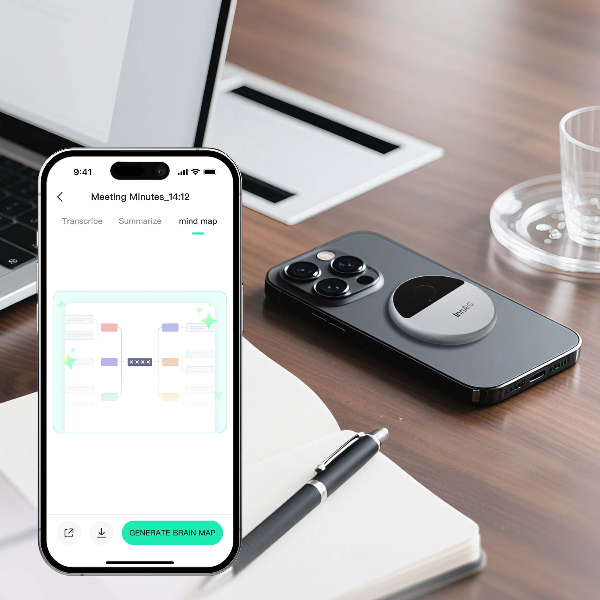 InnAIO T10 AI translator with AI meeting summaries and mind map output