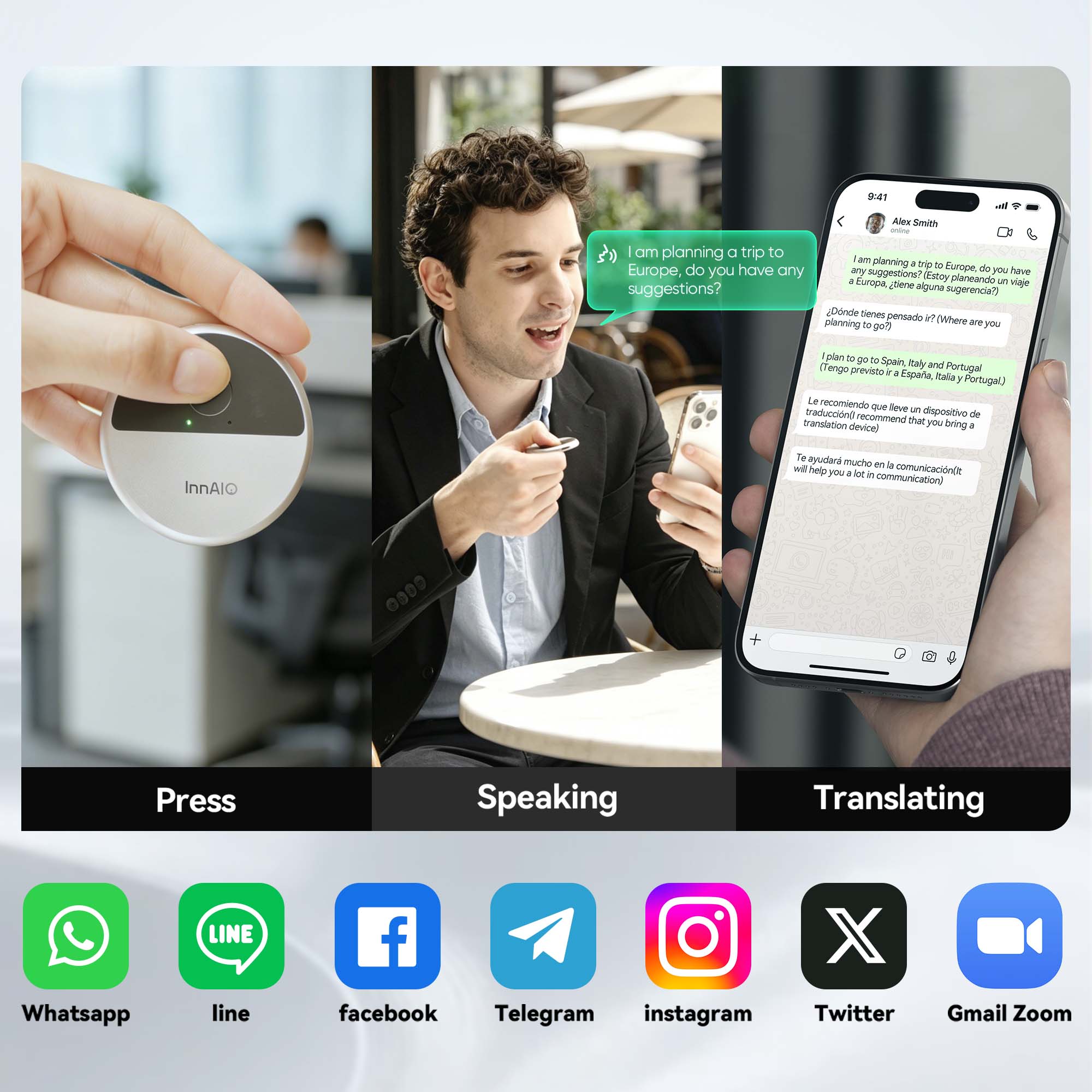 InnAIO T10 AI translator with cross-app translation for messaging apps