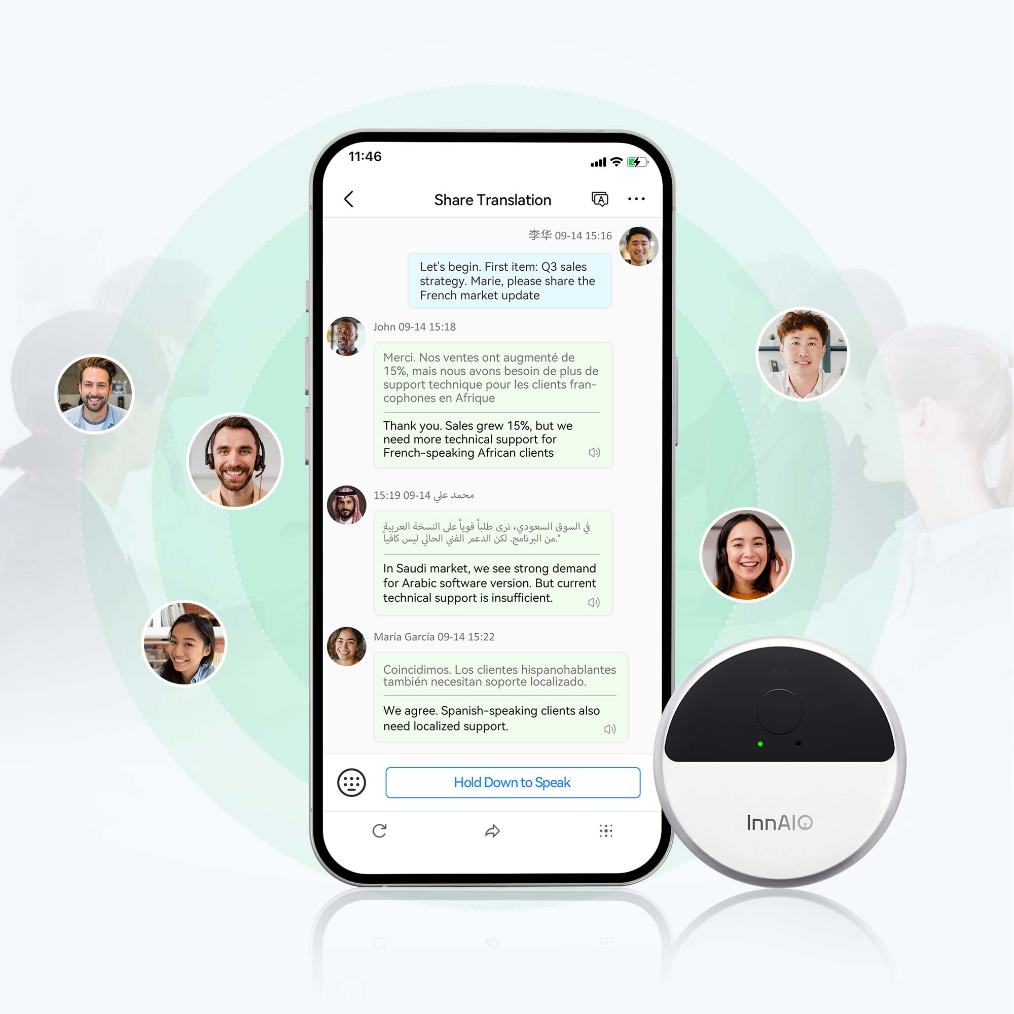 InnAIO T10 AI translator for multilingual group chat across languages